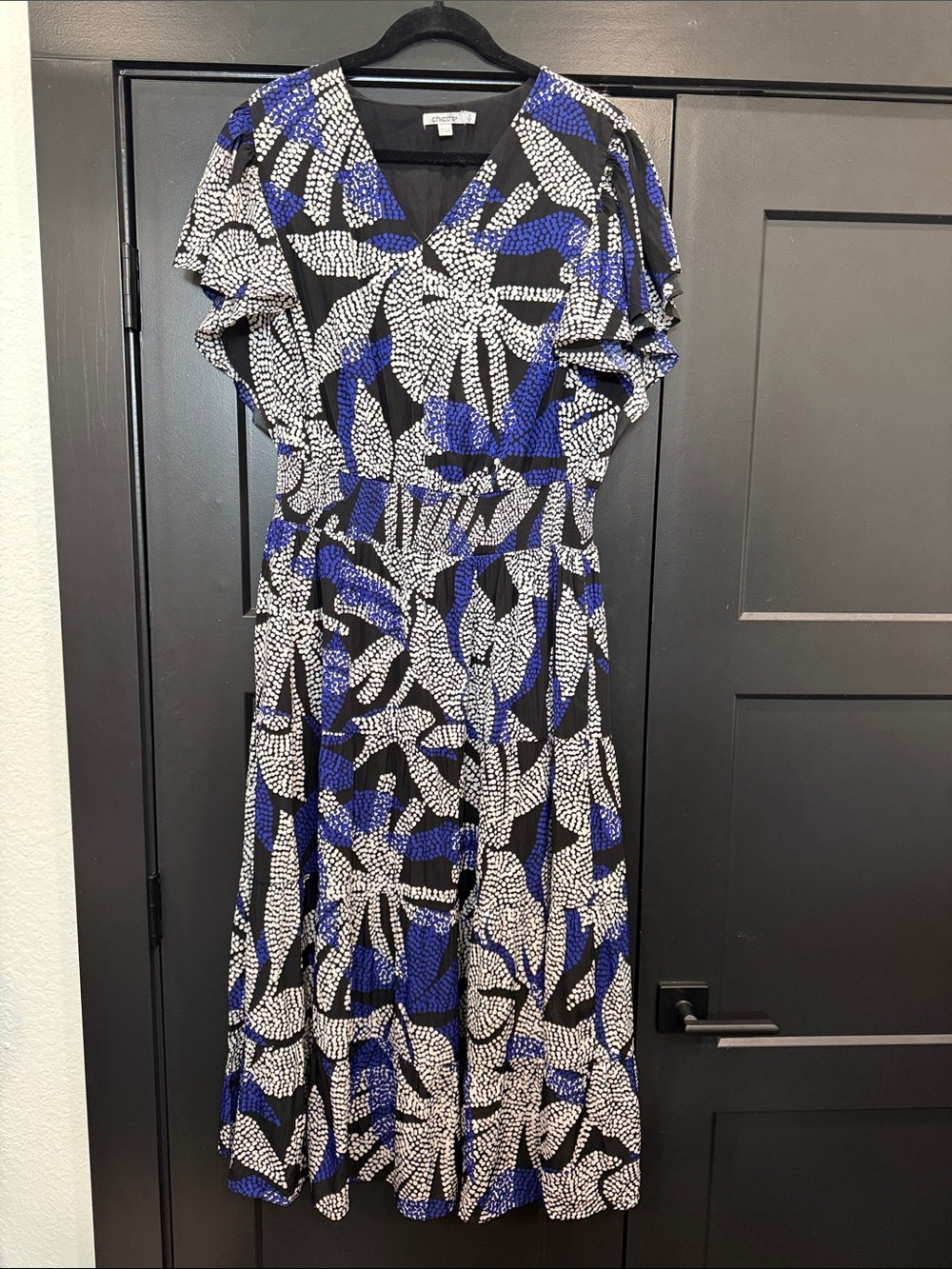 Chico's Black, Blue & White V-Neck Flutter Sleeve Midi Dress Size 12 (2)